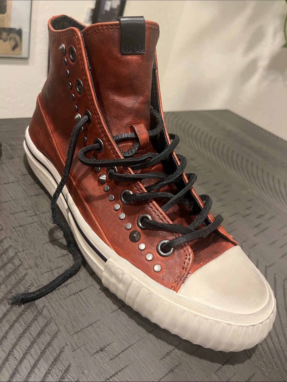 John Varvatos Men's High-Top Leather Sneaker in Burnt Orange with Black Laces
